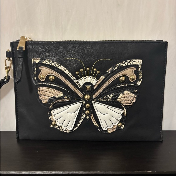 INC International Concepts Black Faux Suede Butterfly Wristlet Clutch Like New - Picture 2 of 8